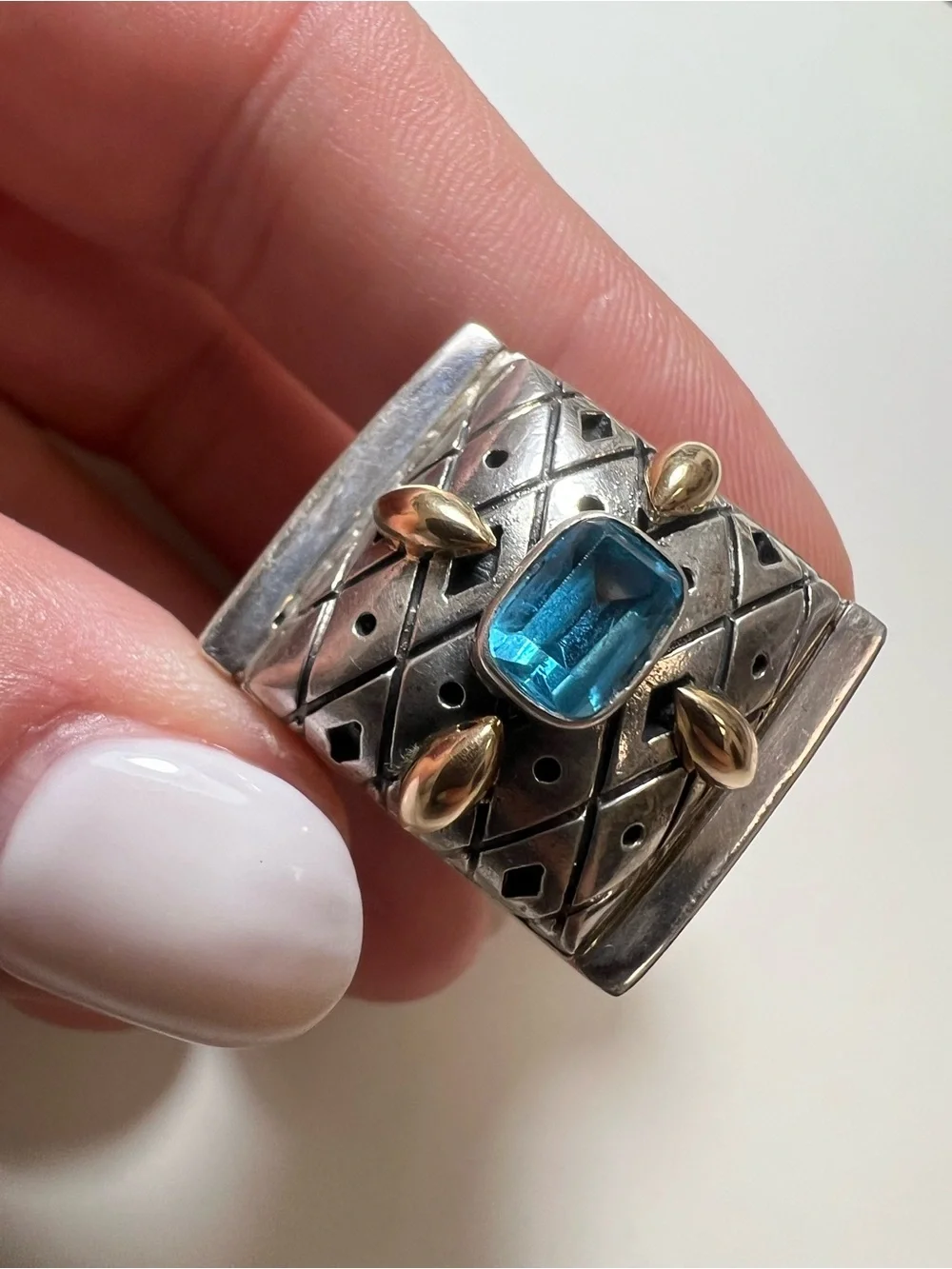 925 Sterling Silver Zanfeld Blue Topaz Accent Wide Ring with 14K Gold Accents